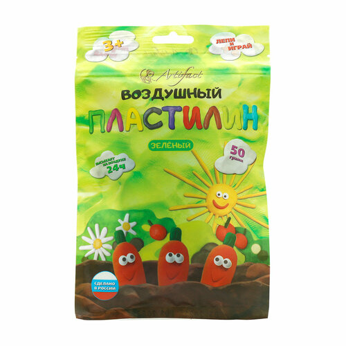 7506-88-16 Воздушный пластилин зеленый 50г пакет с европодвесом