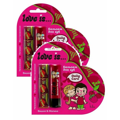 Набор Love is Бальзам для губ увлажняющий Вишня и малина + жевательная резинка, 2 шт