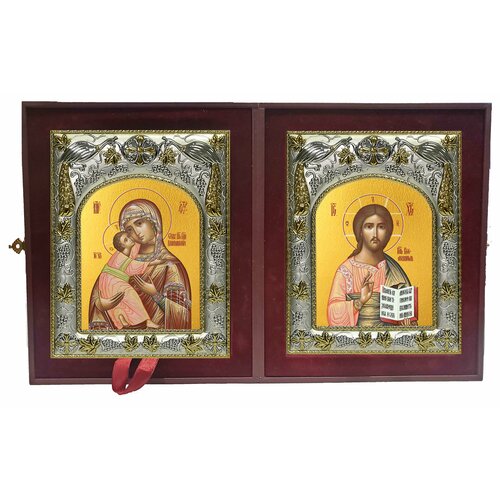 Складень кожаный, с иконами 14х18см, Господь Вседержитель и Владимирская Божия Матерь