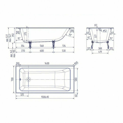 Ванна чугунная Delice Parallel 150x70 DLR220503R-AS с ручками и антискользящим покрытием