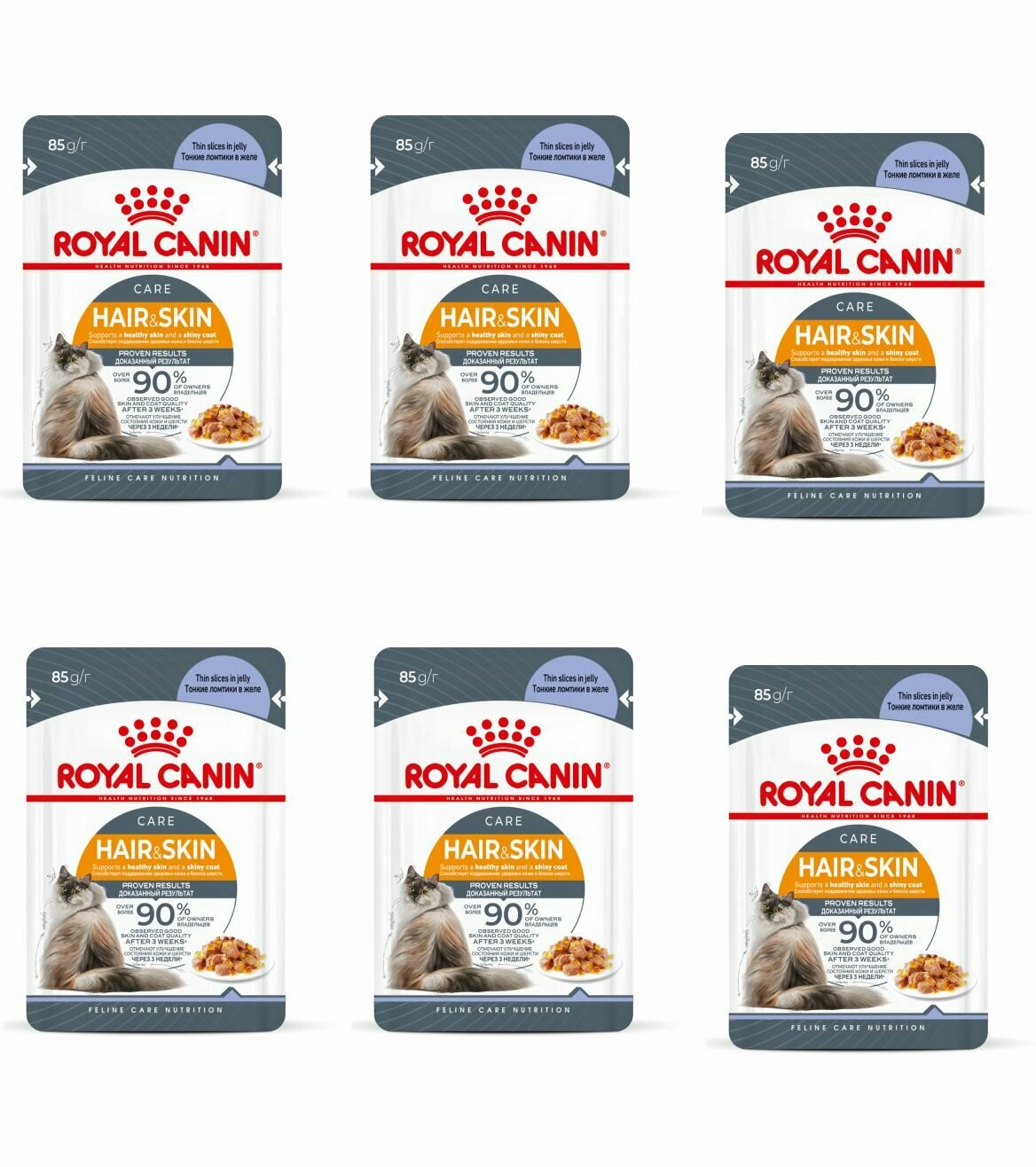 Royal Canin HAIR & SKIN пауч влажный корм кусочки в желе для взрослых кошек в целях поддержания здоровья кожи и шерсти, 85 гр, 6 уп