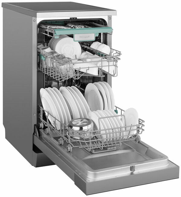 Посудомоечная машина c авто-открыванием и инвертором Weissgauff DW 4538 Inverter Touch Inox,3 года гарантии, 3 корзины, 10 комплектов, 9 программ, дозагрузка посуды, цветной дисплей, сенсорное управление, полная защита от протечек AquaStop