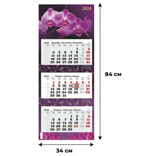 Календарь настенный 3-х блочный 2024 год Орхидея 34x84 см, 1781852