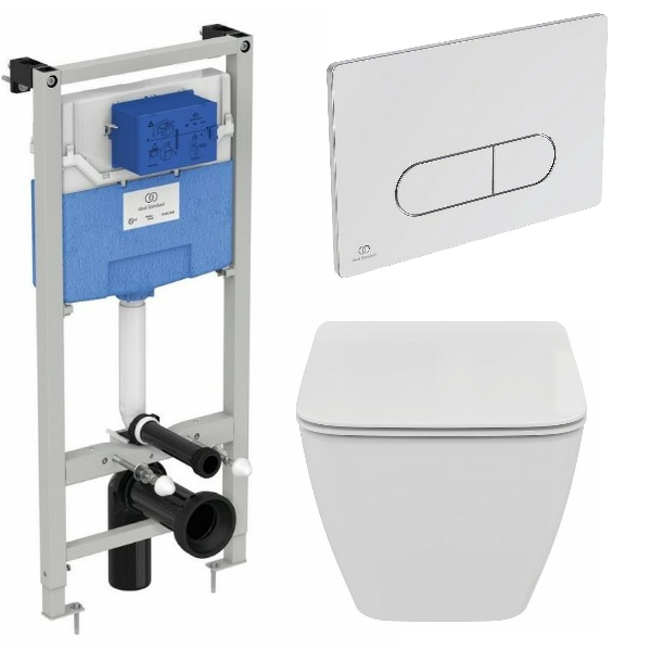 фото Унитаз с инсталляцией Ideal Standard Prosys Strada Ii E387001 с клавишей смыва Ideal Standard Oleas M1 R0115AA цвет хром