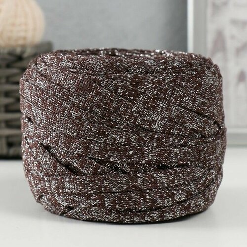 Трикотажная пряжа Риббон с люрексом 85м170 5 гр Кофе люрекс Серебро 1092₽