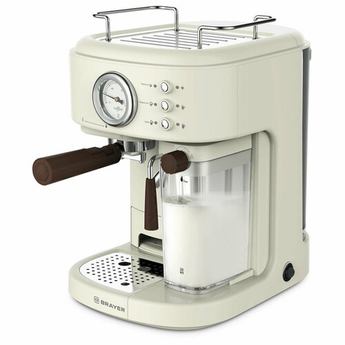 Кофеварка рожковая BRAYER BR1108, 1300 Вт, объем 1,5л, 15 бар, автоматический капучинатор, бежевая кофеварка рожковая brayer br1106 белый
