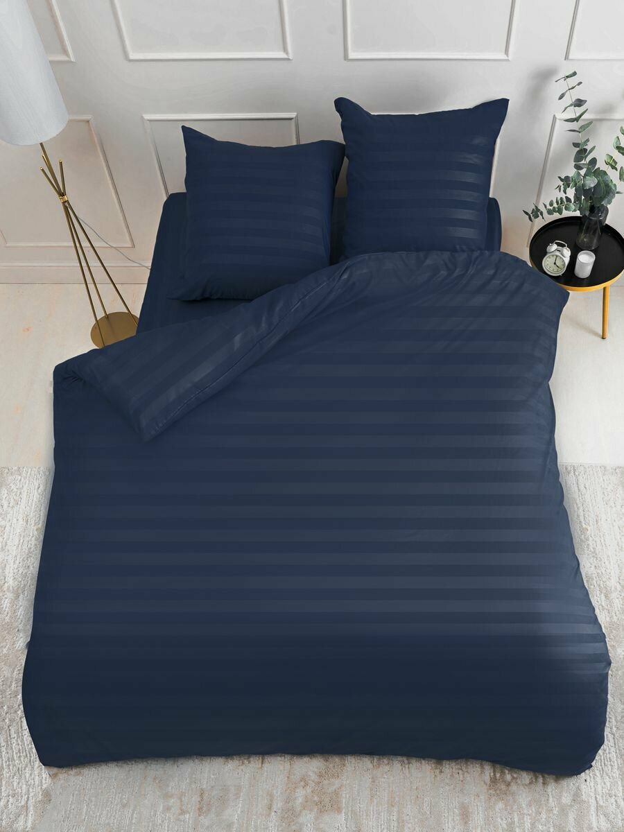 фото Постельное белье темно-синий евро, Страйп Сатин, наволочки 70x70