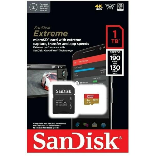 Карта памяти microSDXC UHS-I Sandisk Extreme 1024 ГБ, 190 МБ/с, Class 10, SDSQXAV-1T00-GN6MN, 1 шт, переходник SD карта памяти sandisk microsdxc 128 гб class 10 v30 uhs i r w 100 40 мб с адаптер на sd 1 шт белый