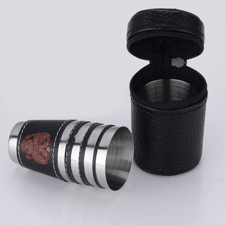 фото Сувенирный праздничный Набор стопок в чехле 4шт 30 мл малые нержавейка экокожа Герб России, рюмки водки, мужчине день рождения парню папе подруге друг