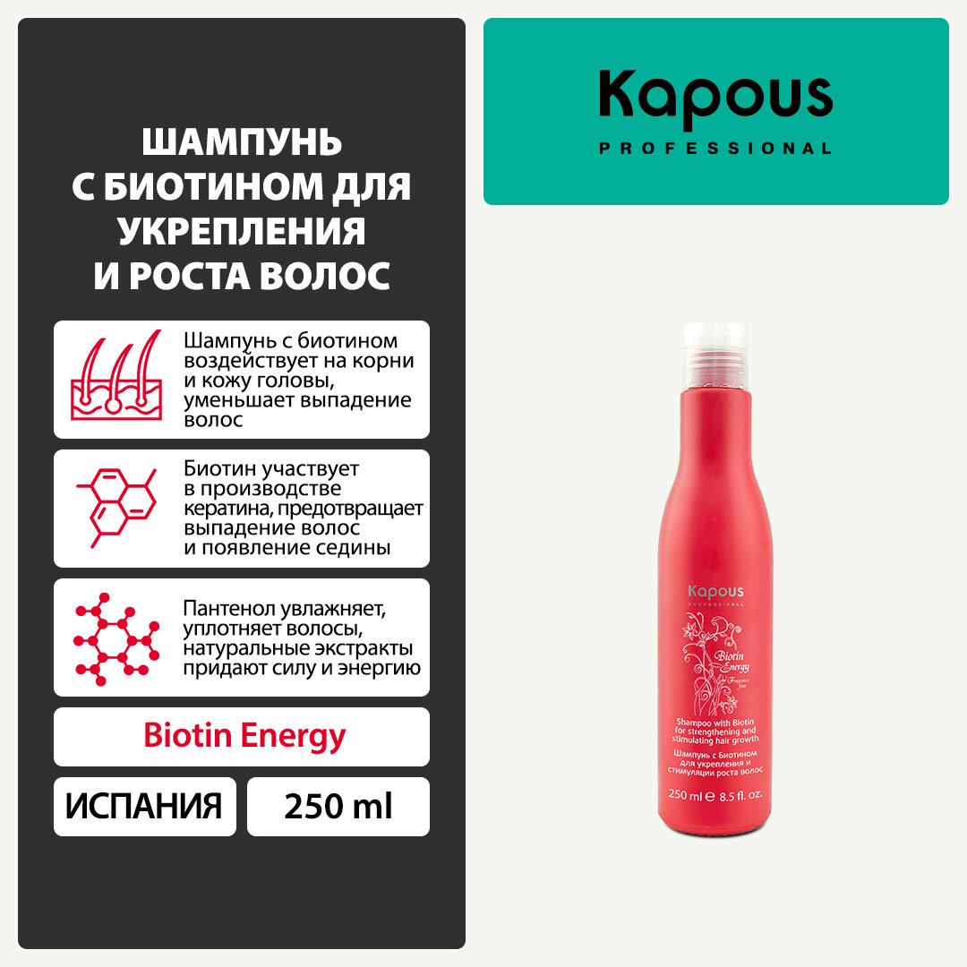 Шампунь с биотином для укрепления и стимуляции роста волос Kapous «Biotin Energy», 250 мл