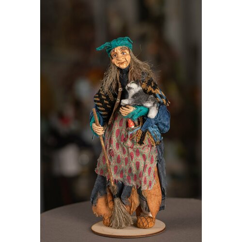 Авторская кукла Баба-Яга с котом ручной работы, интерьерная авторская кукла ручной работы девушка с котом текстильная