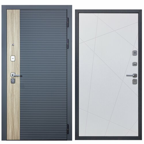 Дверь входная металлическая DIVA-76 2050*860 Правая (Дуб / Серая - Д11 Белый софт), тепло-шумоизоляция, антикоррозийная защита для квартиры.
