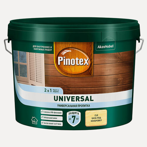 Изображение товара Пропитка PINOTEX UNIVERSAL 2 в 1 для защиты древесины, на водной основе, CLR база под колеровку 9л