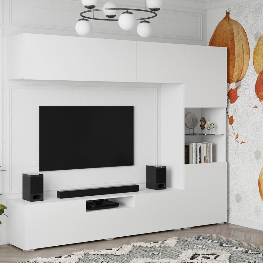 фото Стенка для гостиной Стенфорд белый ЛДСП/МДФ, с горизонтальным шкафом 2130х1700х349 для гостиной, дома, дачи МК стиль