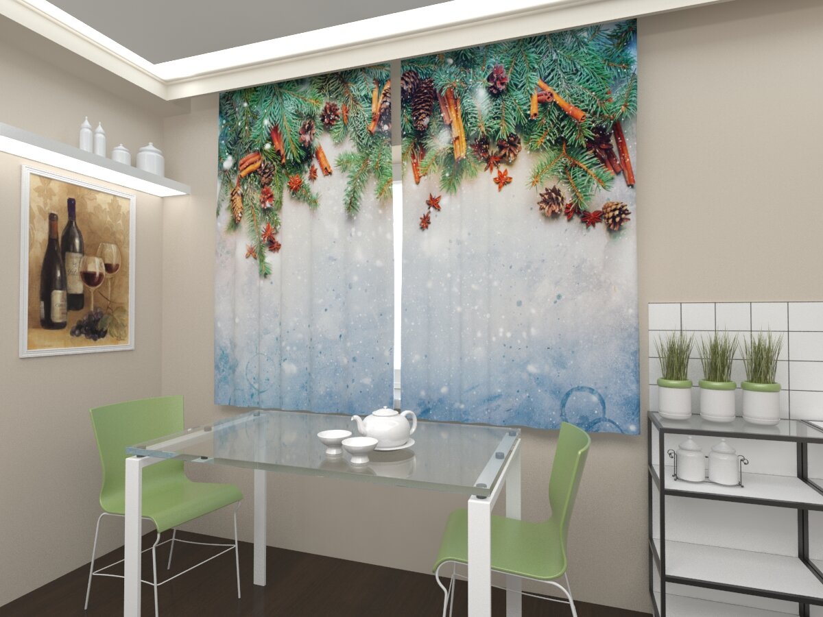 Фотошторы кухонные Арт Паула Зимнее украшение Габардин В: 170 см Ш: 2*145 = 290 см