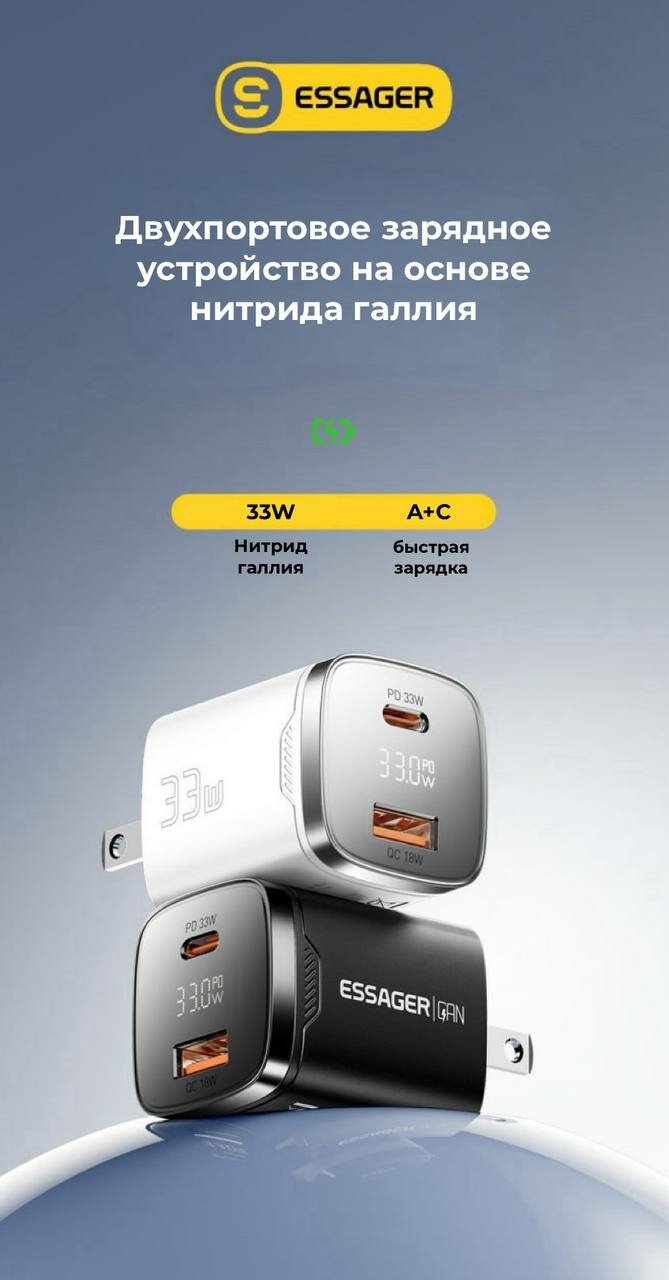 Зарядное устройство Type-C / USB-A Быстрая зарядка, цифровой дисплей, защита от перенапряжений Essager 33w — фото 1