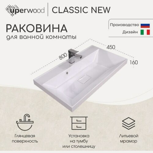Изображение товара Uperwood Раковина для ванной Classic New 80х45х16,3 см, белая глянцевая, с накладкой для слива