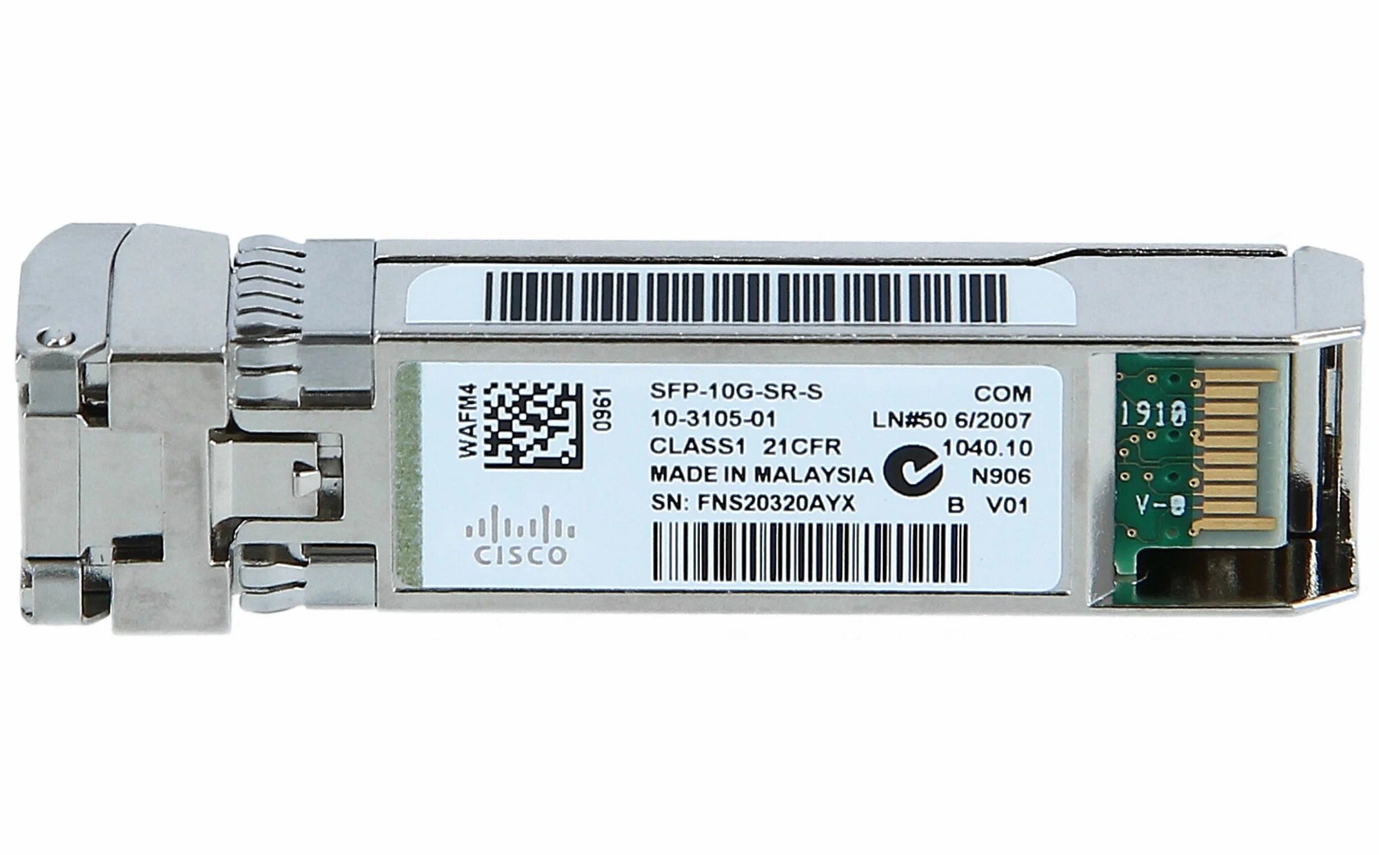 Трансивер оптический Cisco SFP-10G-SR-S, 10GBASE-SR, MMF, 850 нм, 10 Гбит/с, 13.4 x 56.5 x 8.5 мм, серебристый