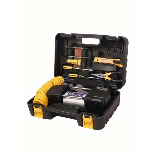 Компрессор автомобильный двухпоршневой в КЕЙСЕ ИНСТРУМЕНТ жгуты шило клей отвертки пассатижи насадки TREK AC801Inst 2950₽