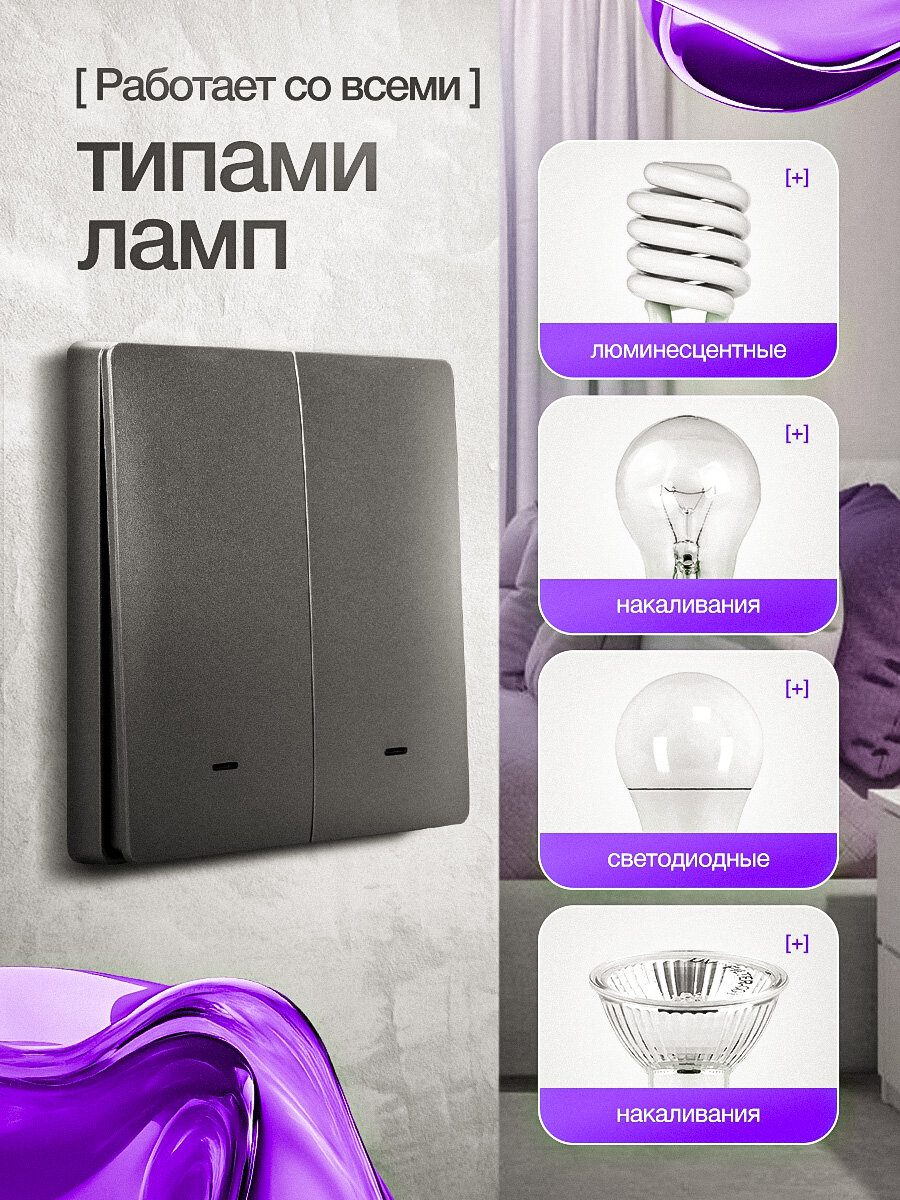 Умный выключатель с Алисой, двухклавишный кликер, Wi-Fi переключатель света с индикатором подсветки, серый — фото 1