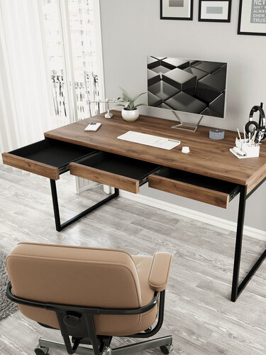 Изображение товара Стол письменный, компьютерный игровой офисный рабочий с тремя выдвижными ящиками лофт KARTER 140x70 см Дуб Веллингтон