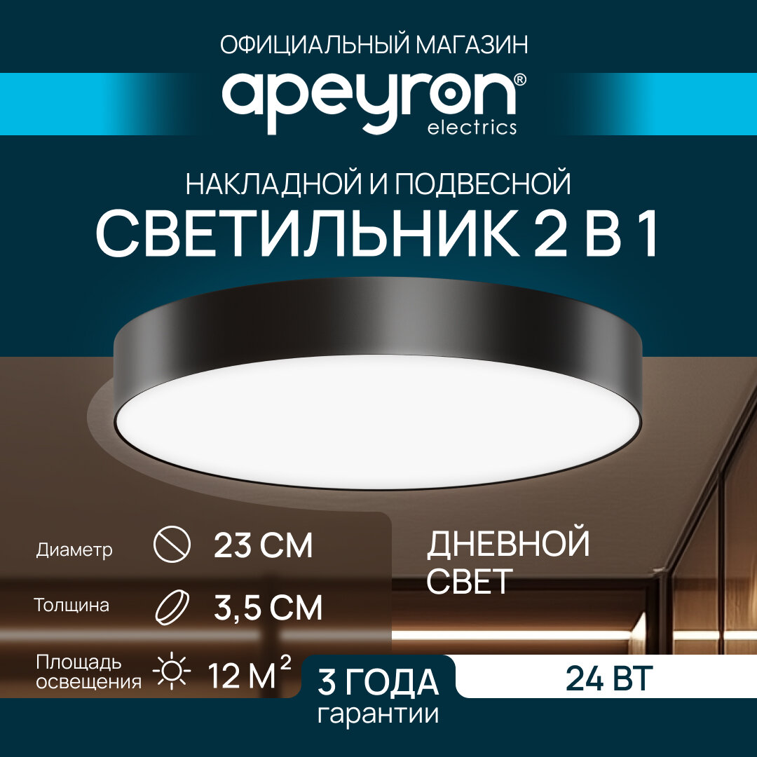 Светильник светодиодный накладной MIN Apeyron 18-161, 24Вт, 4000К, d230х35мм, черный