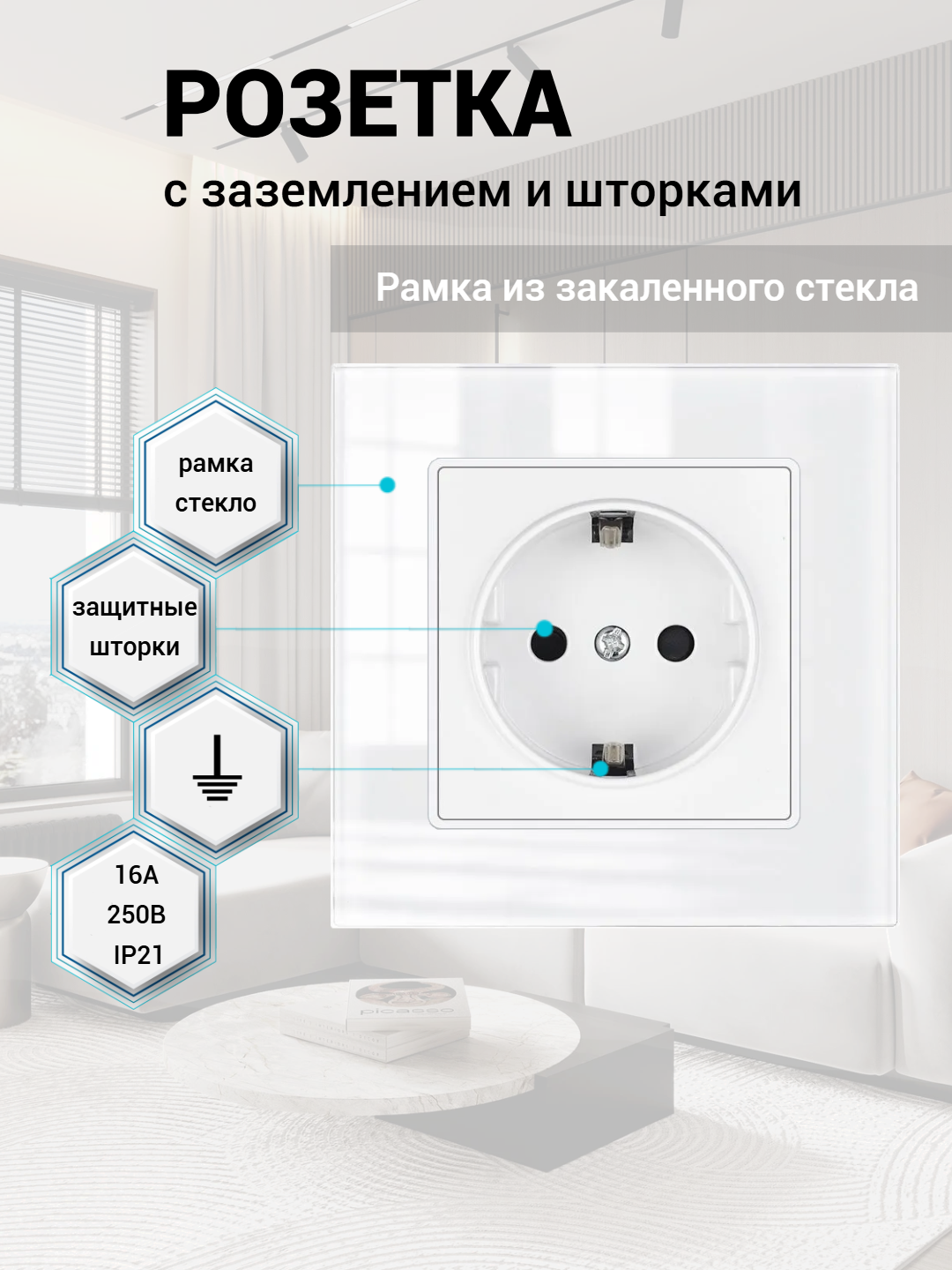 Розетка одинарная 220в 16А рамка из закаленного стекла Белый