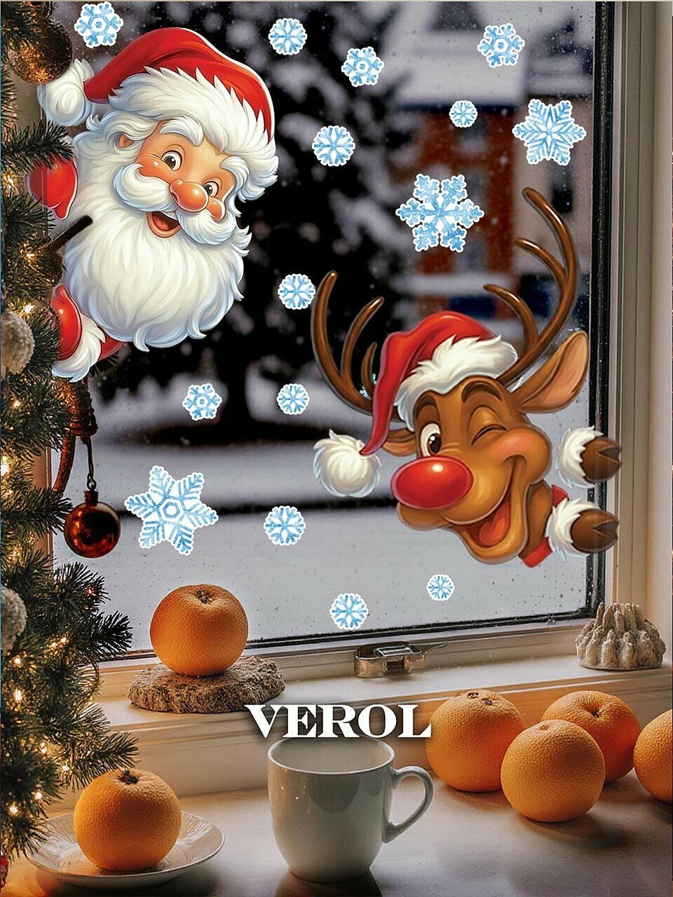 Новогодние наклейки на окна и стену VEROL  Дед Мороз и олень  виниловые  для декора