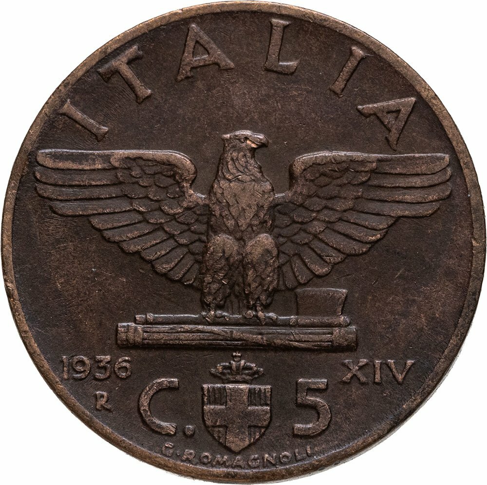 Италия 5 чентезимо (centesimi) 1936 Новый реверс: орел — фото 1