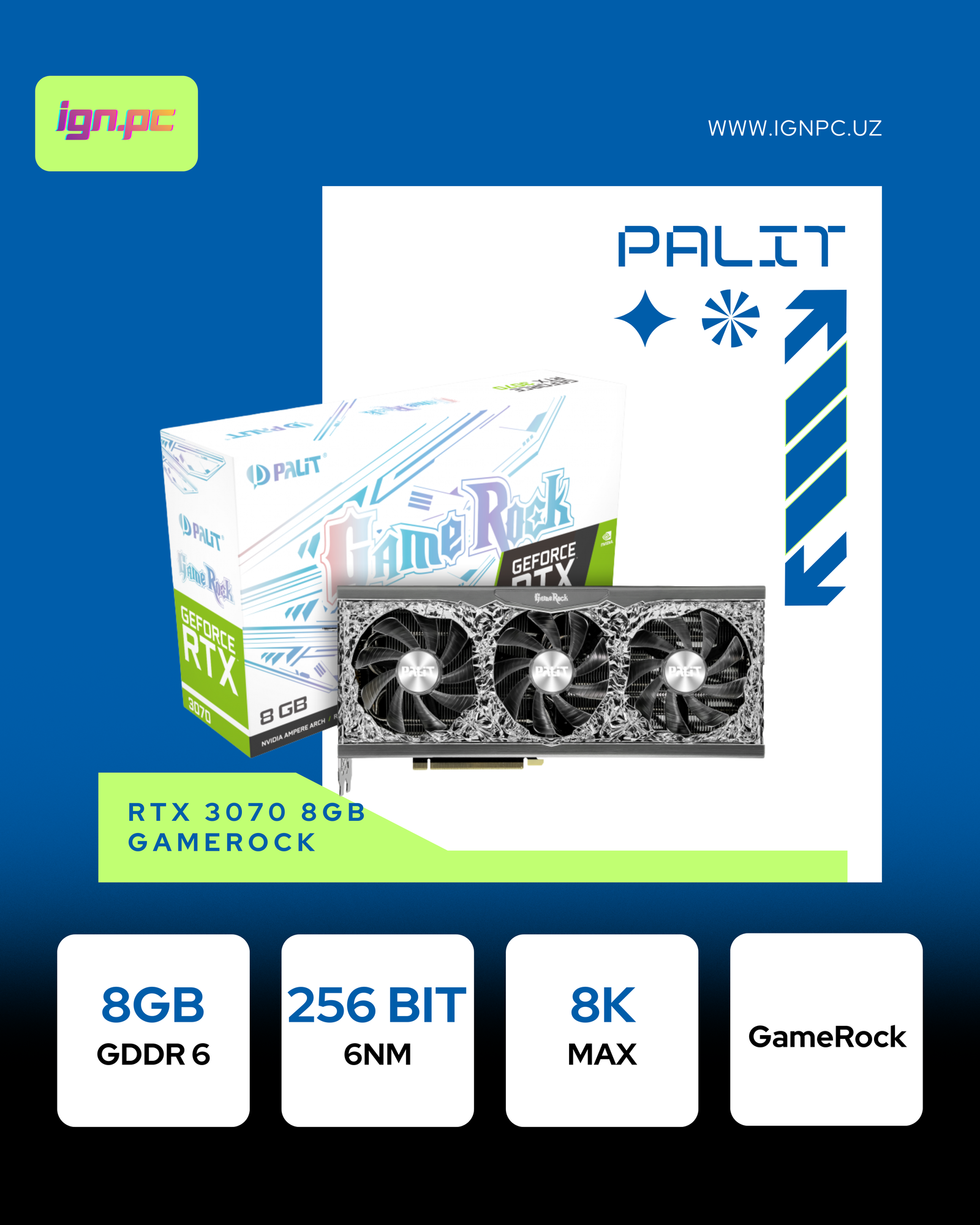 Видеокарта Palit GeForce RTX 3070 GameRock, 8 ГБ, GDDR6, 256 бит, 3 DP, HDMI, LHR