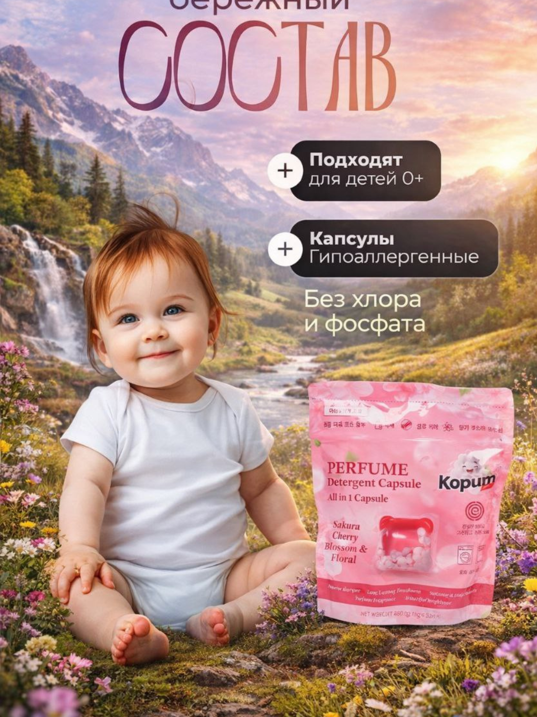 Гипоаллергенные капсулы без хлора и фосфатов, подходят для всей семьи и безопасны для детской одежды.