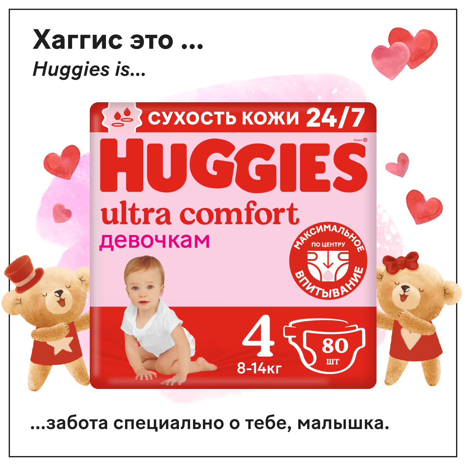 Подгузники Huggies Ультра-Комфорт Mega Pack размер 4 8-14 кг, 80 шт, для девочек