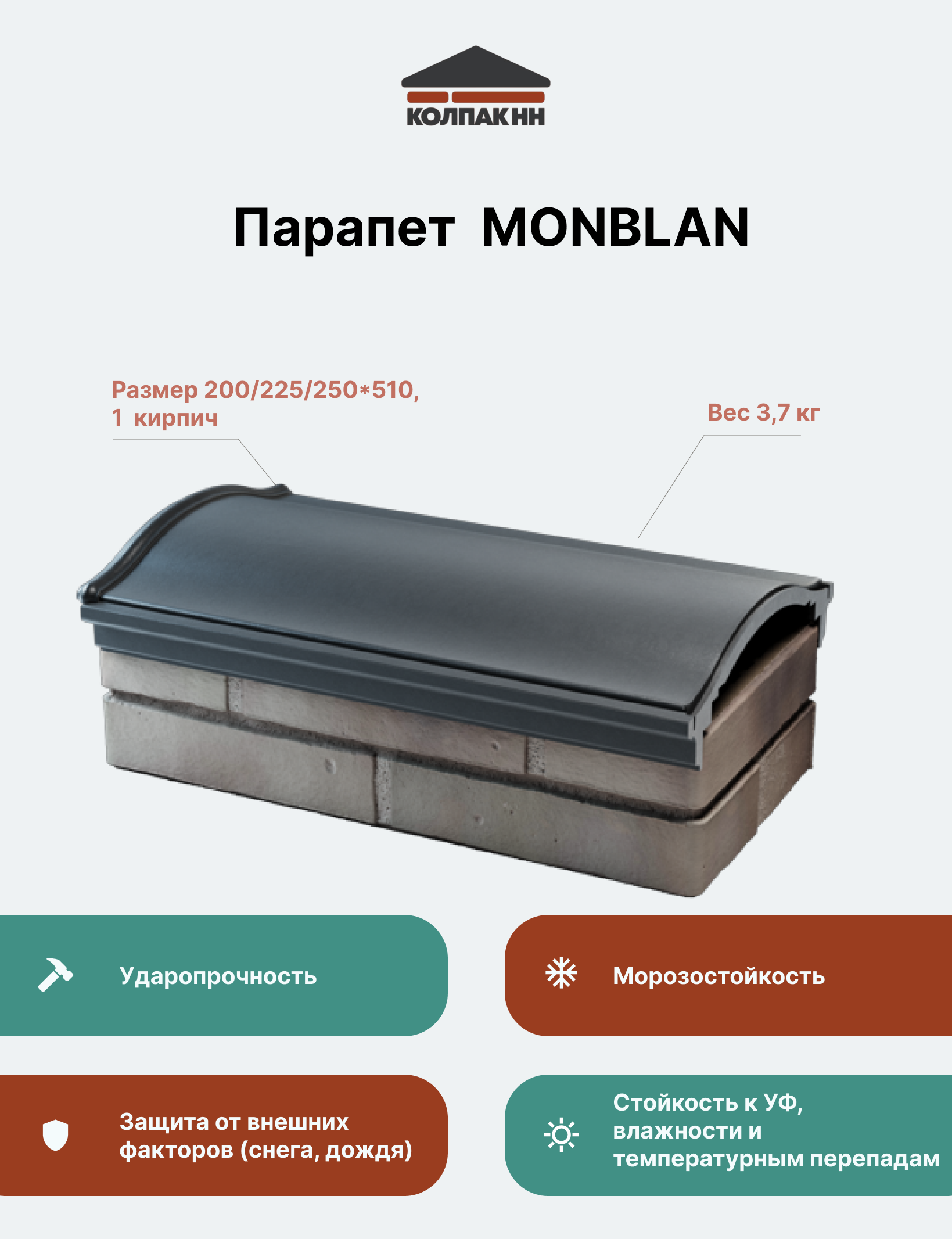 Парапет полимер-композитный Monblan, 200/225/250*510 (1 кирпич), серый