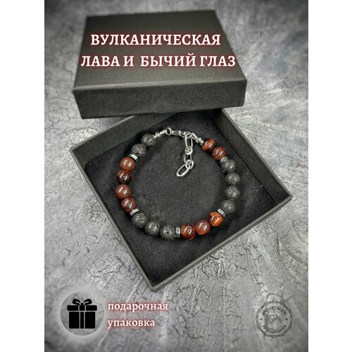 фото Браслет повседневный стиль, вулканическая лава, бычий глаз, металл, 1 шт., размер 22 см, диаметр 11 см, красный, коричневый нет бренда