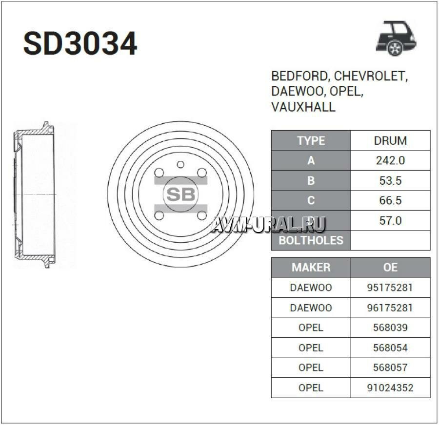 SANGSIN BRAKE SD3034 Барабан тормозной DAEWOO NEXIA/LANOS/ESPERO/OPEL ASTRA F/KADET E SANGSIN