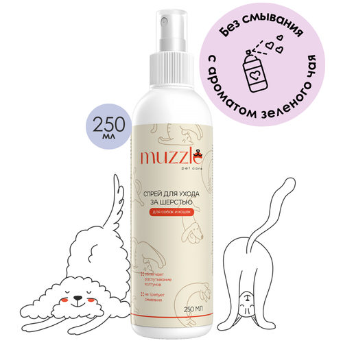 Спрей кондиционер Muzzle с антистатическим эффектом для ухода за шерстью собак и кошек, против колтунов и легкого расчесывания длинной шерсти, 250 мл