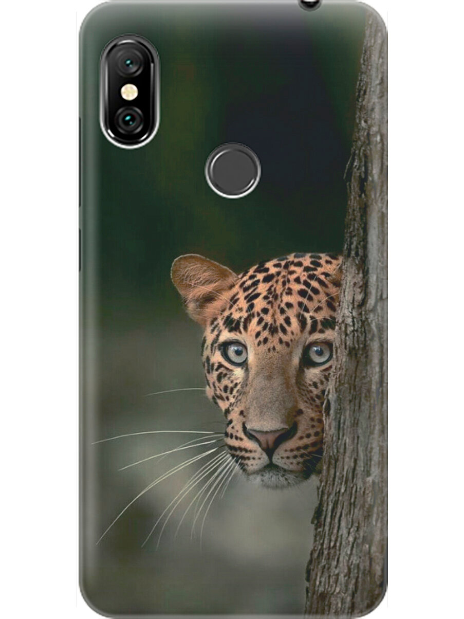 Силиконовый чехол на Xiaomi Redmi Note 6, Note 6 Pro, Сяоми Редми Ноут 6, Ноут 6 Про с принтом "Подглядывающий леопард"