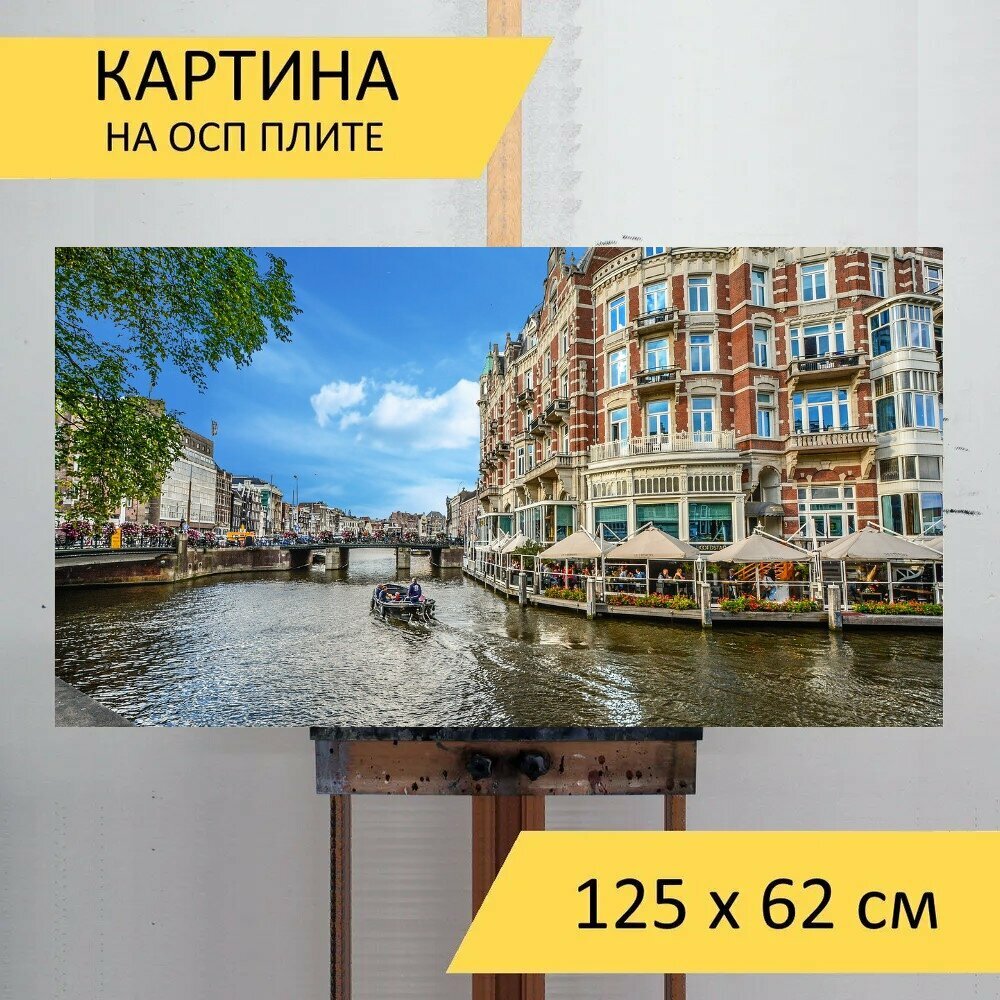 Картина на ОСП 125х62 см. "Амстердам, канал, ресторан" горизонтальная, для интерьера, с креплениями