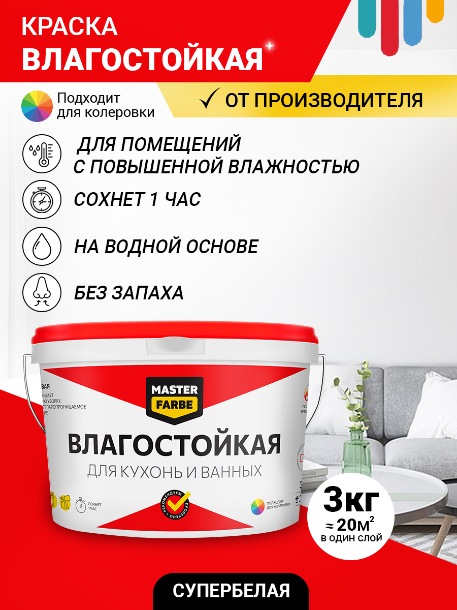 Краска акриловая влагостойкая MASTERFARBE интерьерная для стен, матовая белая 3 кг