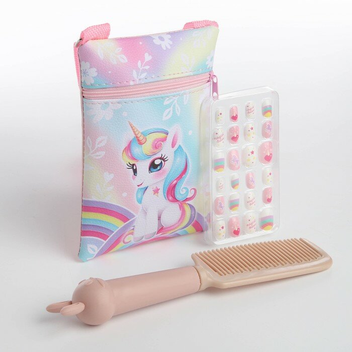 Подарочный набор для девочки «Радужный единорог», сумка, накладные ногти, расческа