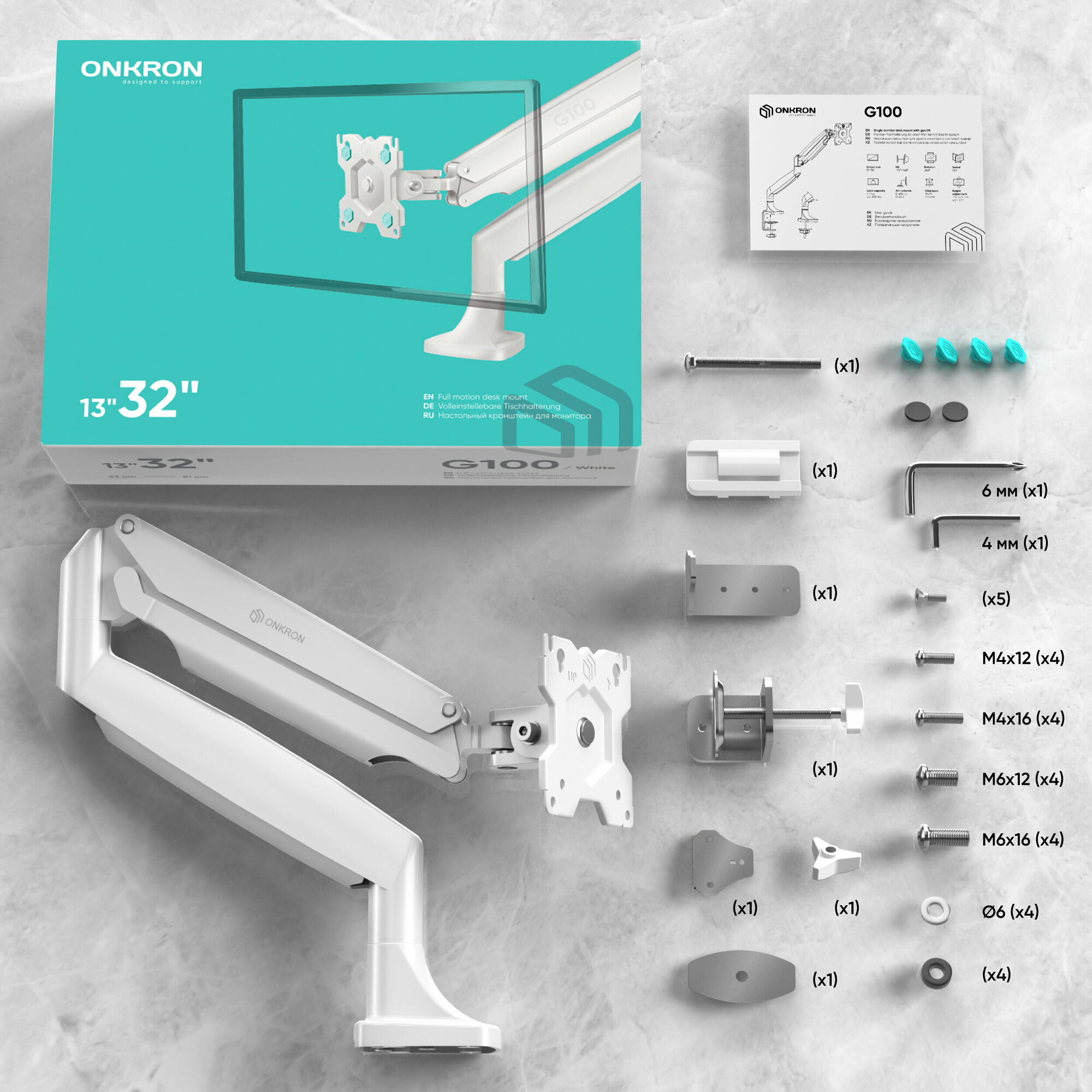 Кронштейн для мониторов ONKRON/ 13-32'' ГАЗЛИФТ макс 100*100 наклон -90?/+90?, поворот +-90°, 2 колена, от стены: до 525мм, крепление к столу 10-85мм, вес до 9кг, серебро - фото №8