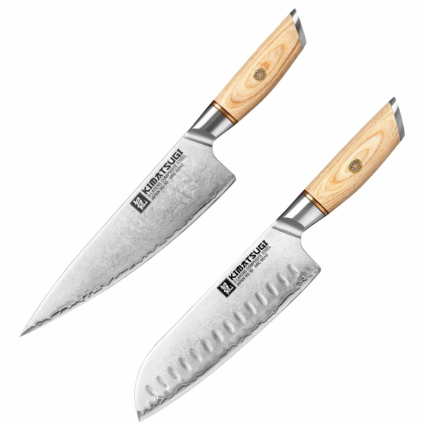 Набор кухонных японских ножей Kimatsugi Yorokobi. Сантоку и Шеф. Дамасская сталь 3 слоя. VG-10 в обкладках. Каждый нож в подарочной коробке