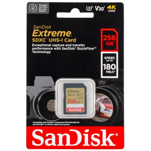Карта памяти SanDisk Extreme SDXC 256 ГБ Class 10 UHS-I U3 V30 (R/W 180/130 Mb/s)