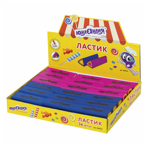 Ластик Юнландия Candy (44х15х15мм, набор цветов, треугольный) 36шт. (228725) ластик brauberg fruity s 44х15х15мм набор цветов треугольный 36шт 228713