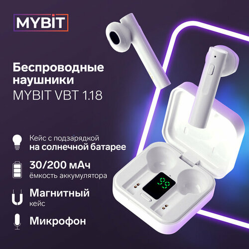 Наушники беспроводные MYBIT VBT 118 TWS вкладыши BT50 30200 мАч солнечная панель белые 1666₽