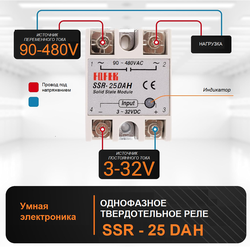 Fotek SSR-25DAH Твердотельное реле 25A Однофазный модуль SSR 25DAH DC-AC 3-32V 12V DC до 90-480V 220V AC