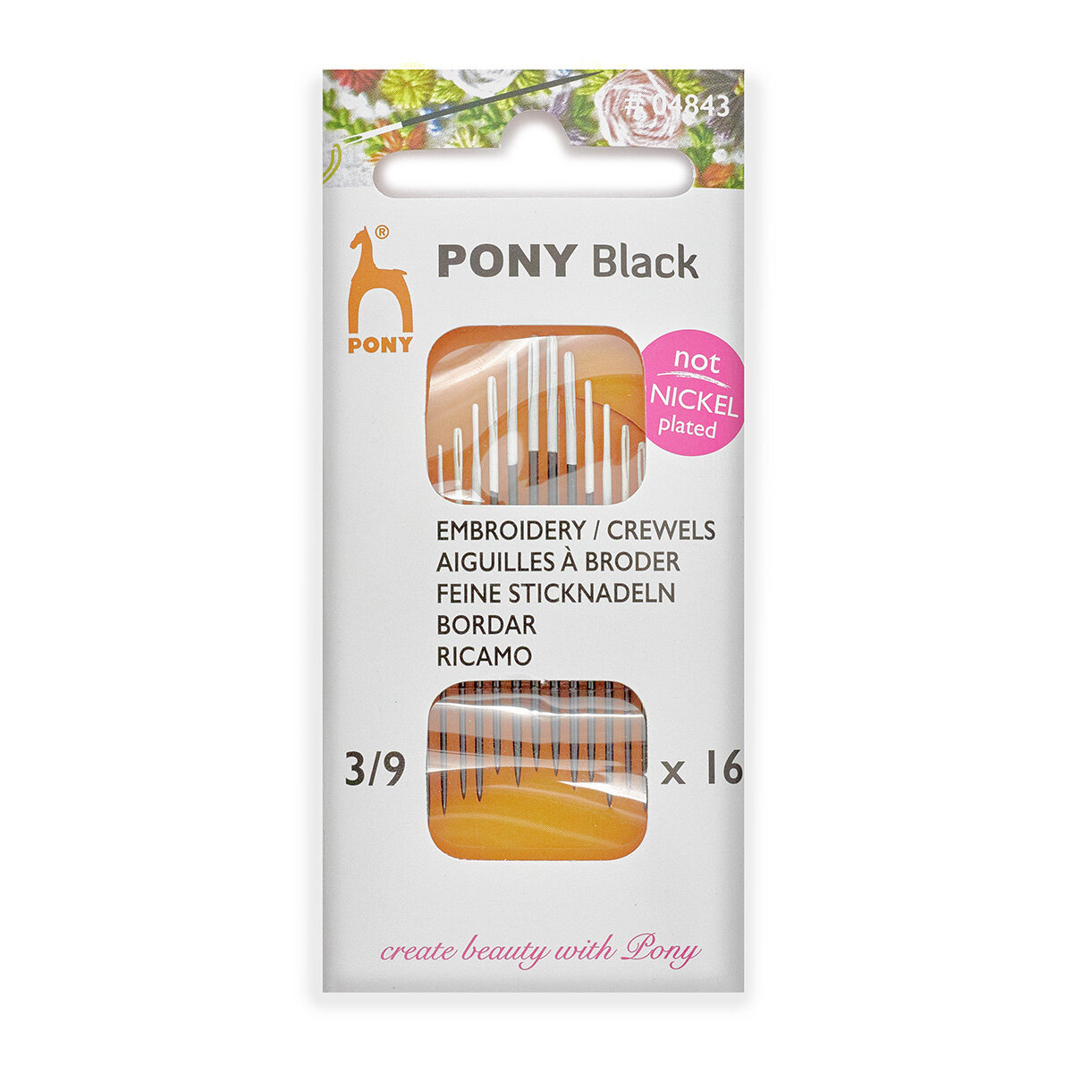 Иголки для шитья и вышивания № 3-9, с белым ушком, PONY Crewels BLACK, 04843, 16 шт