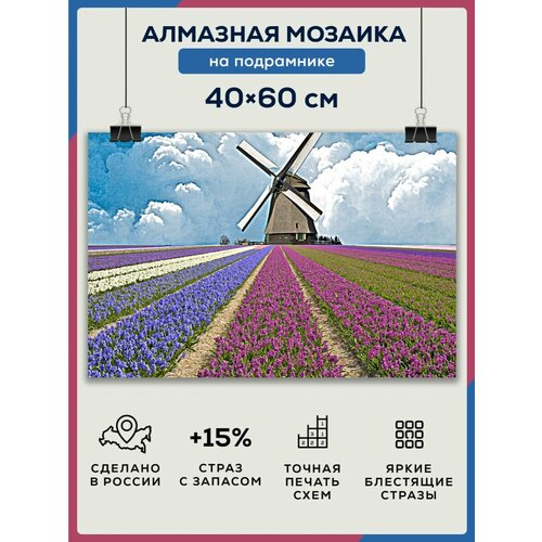 фото Алмазная мозаика 40x60 мельница поле цветов на подрамнике diamond canvas