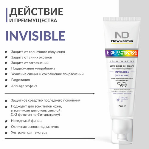 Дневной омолаживающий гель-крем с невидимым финишем SPF 50+ PPD24, NewDermis, 75мл