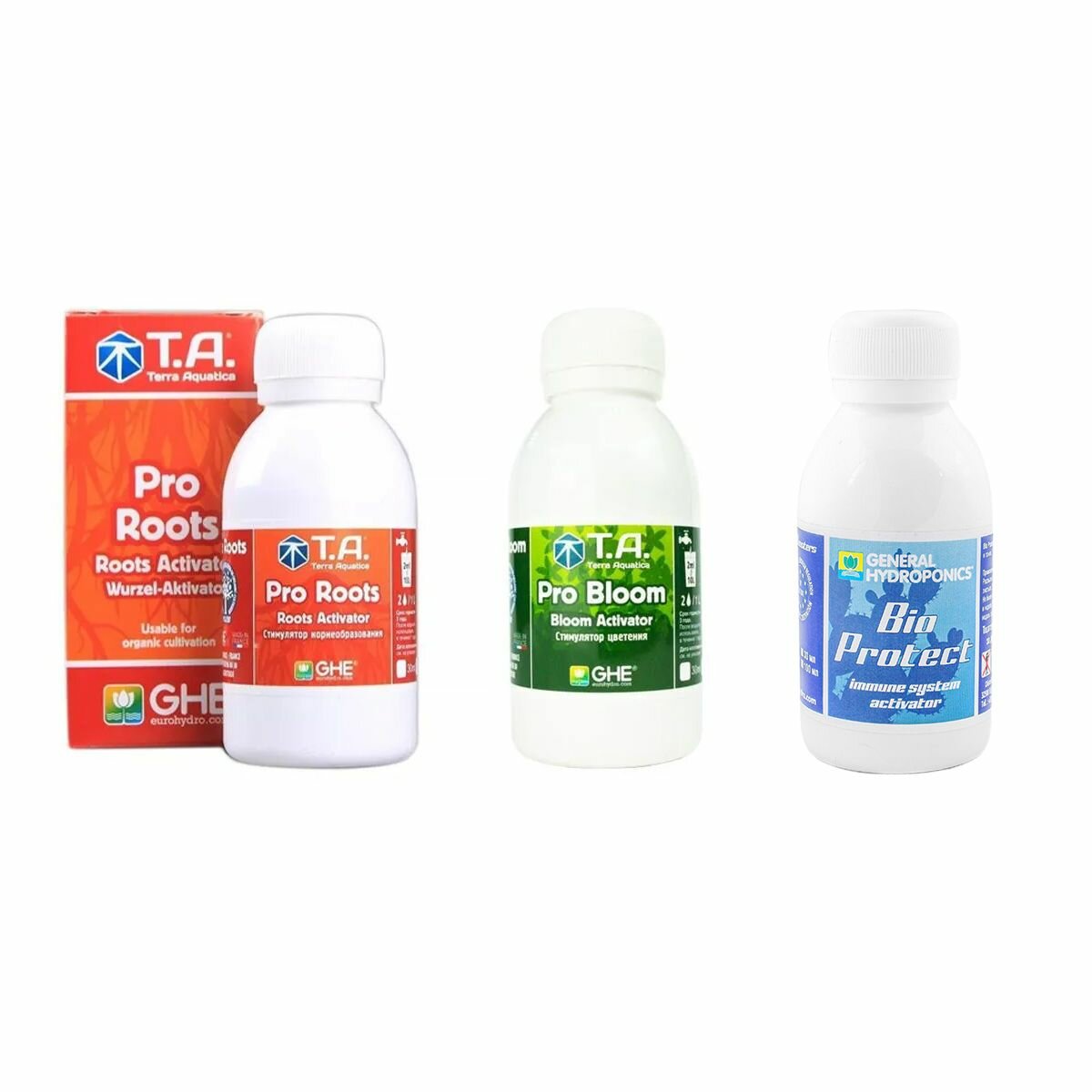 Комплект удобрений Terra Aquatica (GHE Bio) Pro Bloom + Pro Roots + Protect по 100 мл